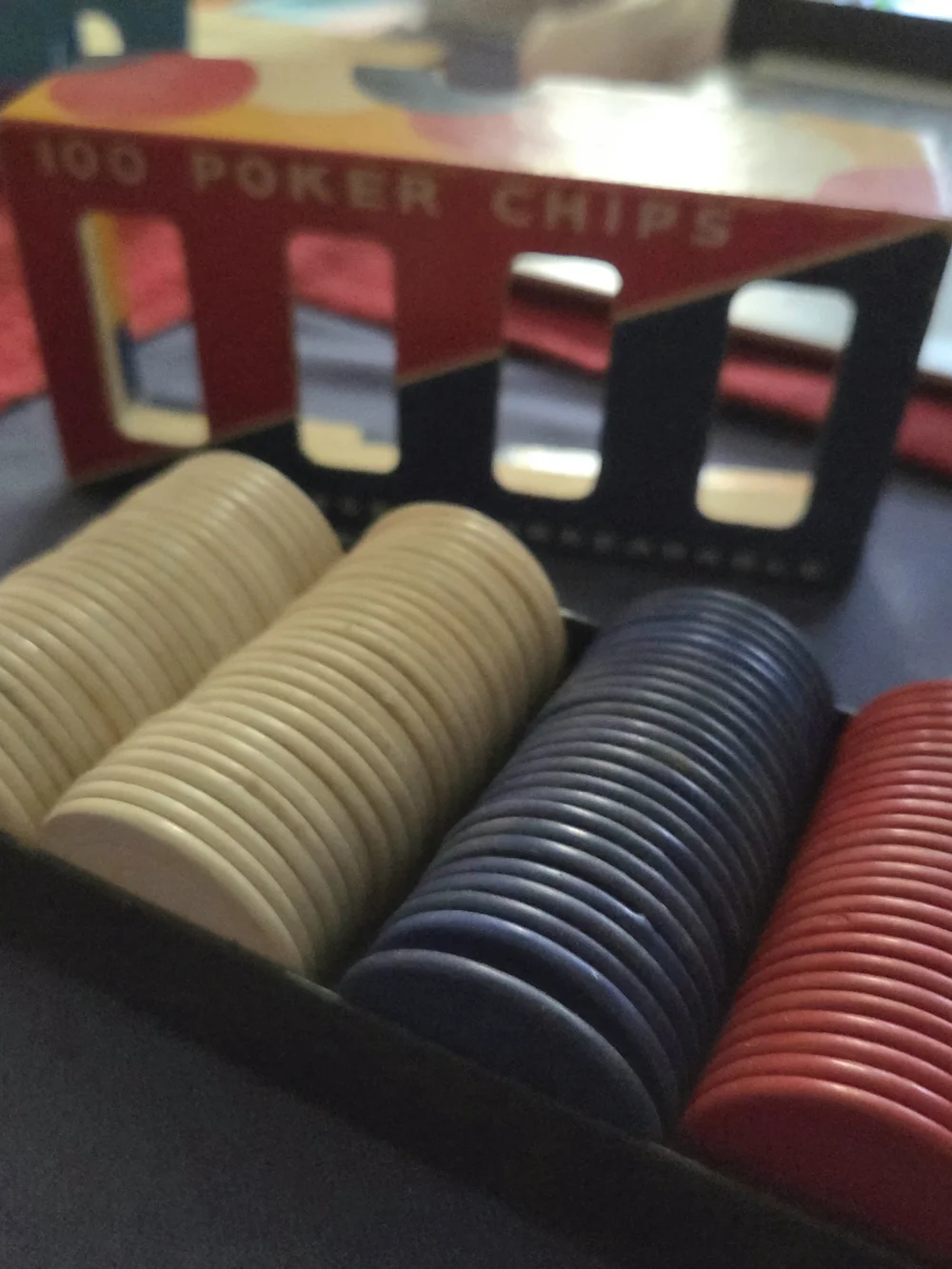 Vintage Dennison's No. 42 Poker Chips Set 100 + 3 Count Original Box, Red, Blue